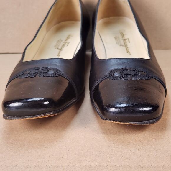 Salvatore Ferragamo Boutique Womens Black Leather Pumps 11 AA Square Toe Italy - Picture 8 of 16